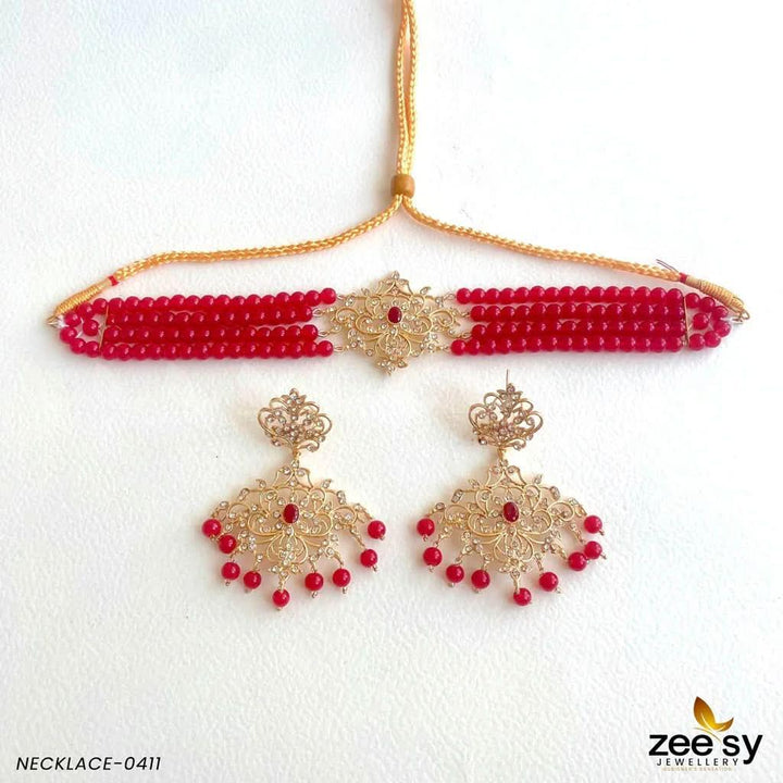 NECKLACE-0411 Red Necklace Sets - Zeesy Jewellery Pakistan | Premium Artificial & Imitation Jewellery