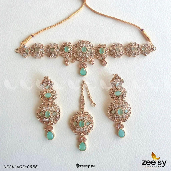 NECKLACE-0965 Golden Mint Green Necklace Sets - Zeesy Jewellery Pakistan | Premium Artificial & Imitation Jewellery
