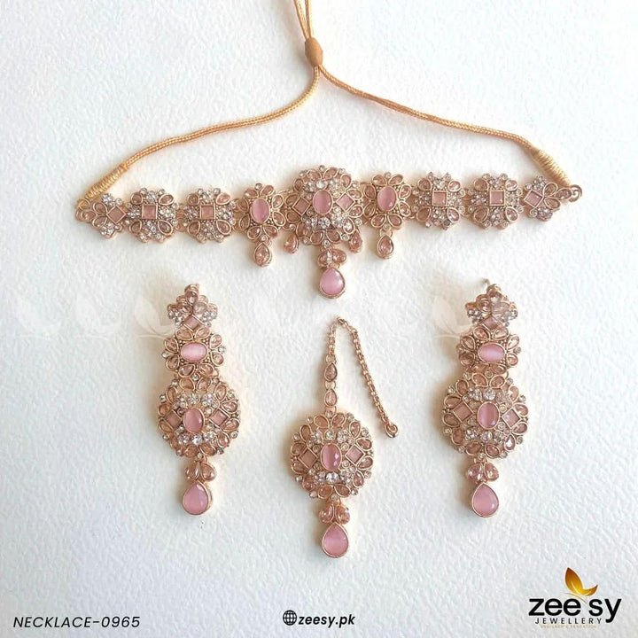 NECKLACE-0965 Golden Mint Pink Necklace Sets - Zeesy Jewellery Pakistan | Premium Artificial & Imitation Jewellery